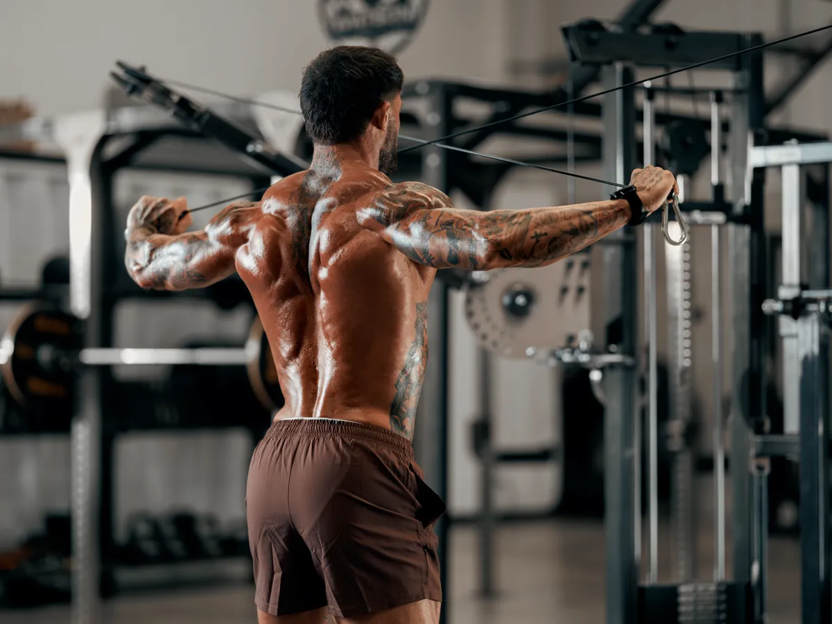 Cable fly from behind, arms fully extended